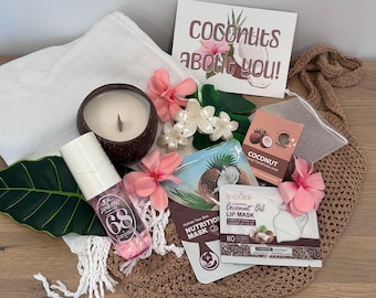 Cofanetto regalo tropicale al cocco / Cesto regalo spa con candela, bicchiere termico, calzini e radio / Relax e cura di sé per lei, compleanno, ringraziamento, Natale