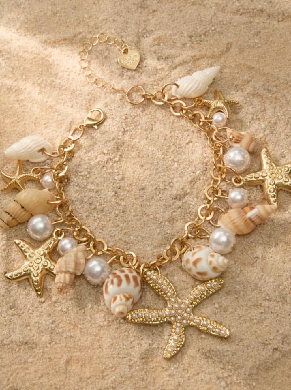 Golden Seashell Charm Bracelet – Coastal Chic Elegance, Seashell Bracelet, Pearl and Bling, Starfish