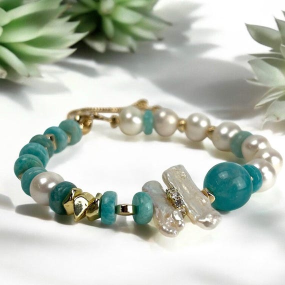 Turquoise blue gemstone bracelet with amazonite beads, fresh water pearls