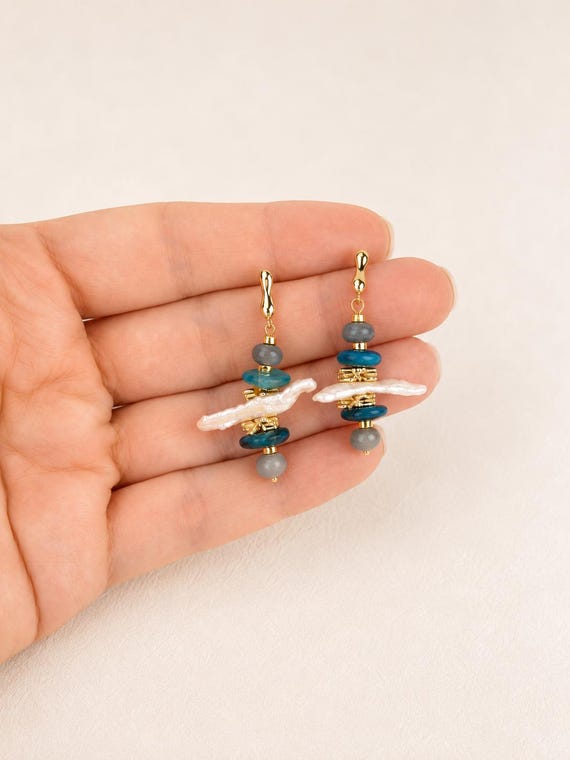 Biwa pearl and teal apatite  earrrings