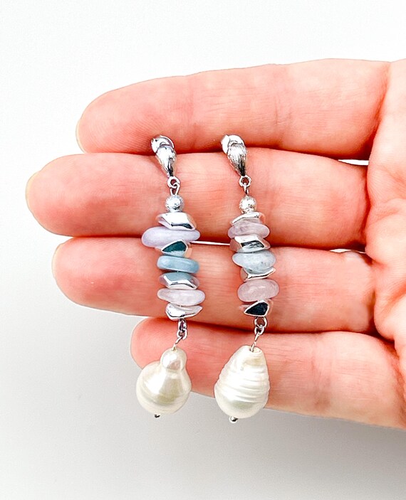 Light pastel pink and blue dangle earrings with gemstones and  baroque pearl