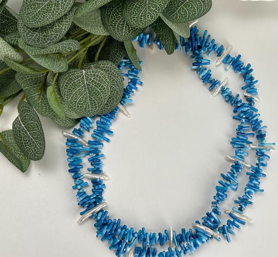 Bright blue  necklace  with coral beads  freshwater  pearls