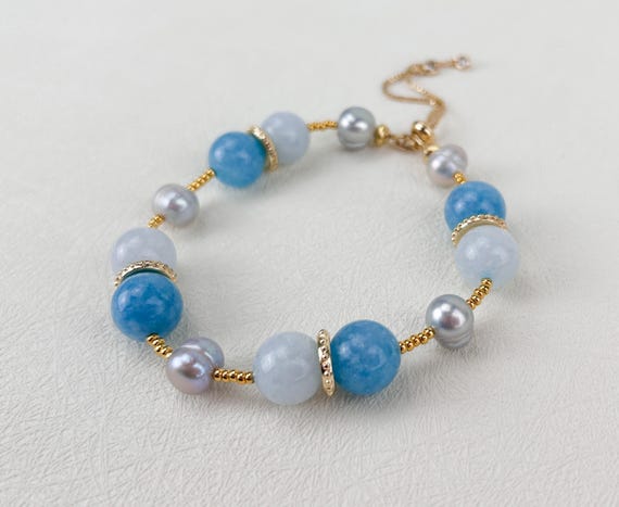 Bracelet  wrap with  blue gemstones and grey pearls