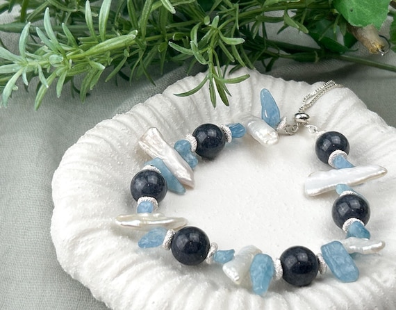 Stunning Aquamarine & Baroque Pearl Bracelet, Genuine Light Blue Gemstone, Dainty Handmade Jewelry March Birthstone Gift Idea