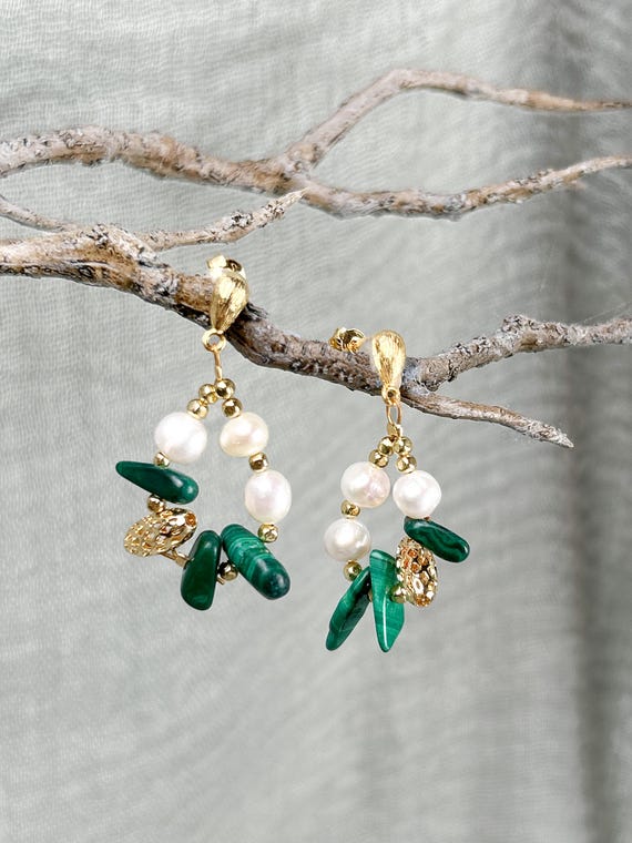 Malachite Green and Gold Dangle Earrings