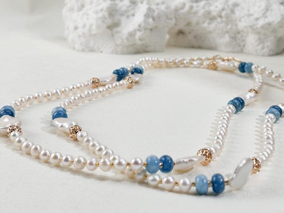 Blue jade and pearls  long layering necklace