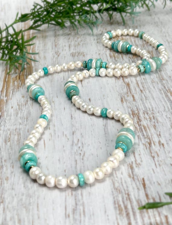 Freshwater pearls necklace  - Soothing Blue Green Turquoise Beaded Gemstone Jewelry - Handmade Boho Chic Gift