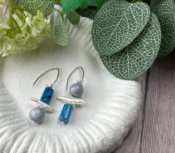 Assymetric Dangle Earrings with  Teal Blue apatite