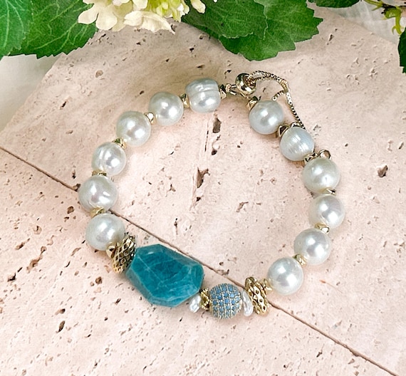 Genuine Amazonite Pearl Bracelet, Irregular Calming Gemstone Beaded Bracelet, Boho Beach Jewelry Unique Gift for Her