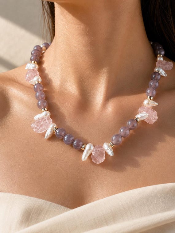 Pink Stone Necklace, Raw Quartz & Natural Gemstone Jewelry, Chunky Statement Piece, Feminine Boho Accessory