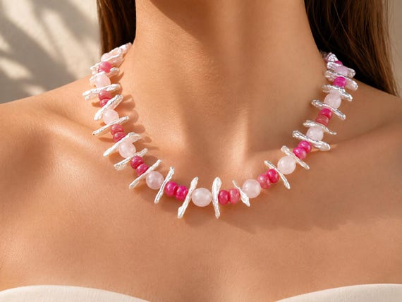 Pink gemstone Necklace with biwa pearls