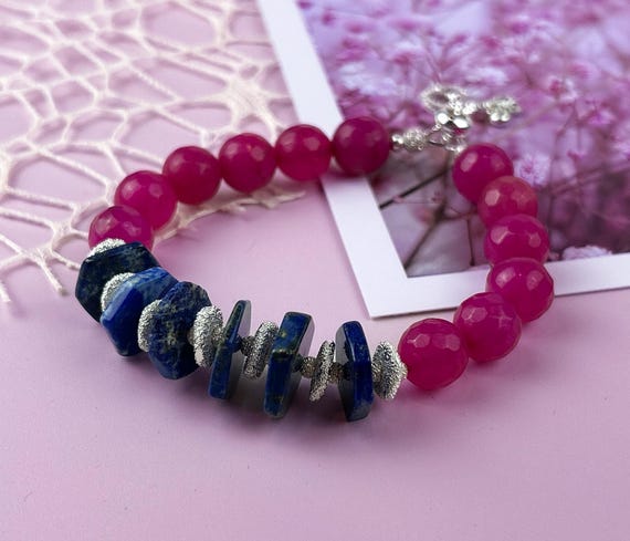 Fuchsia pink and lapis lazuli  gemstone  bracelet