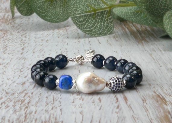 Black  bracelet with Baroque Pearl, black tiger eye gemstones and lapis lazuli bead
