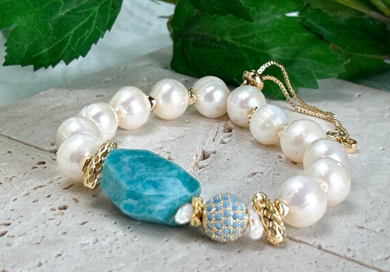 Genuine Amazonite Pearl Bracelet, Irregular Calming Gemstone Beaded Bracelet, Boho Beach Jewelry Unique Gift for Her