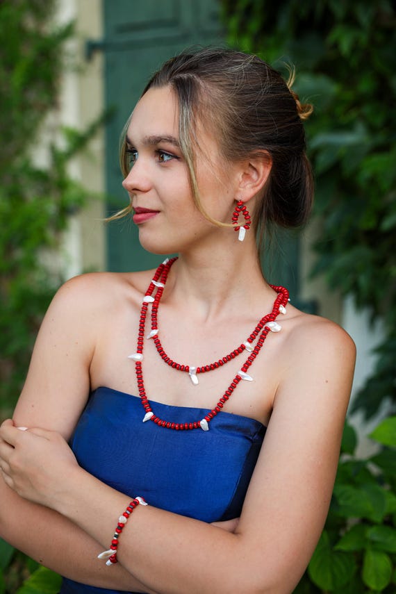 Modern Natural Red Coral and Pearl Statement Necklace