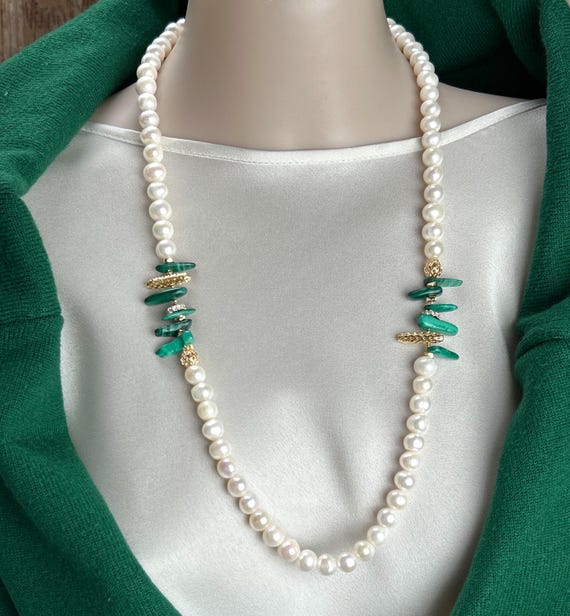 Statement necklace with fresh water  pearls and malachite beads
