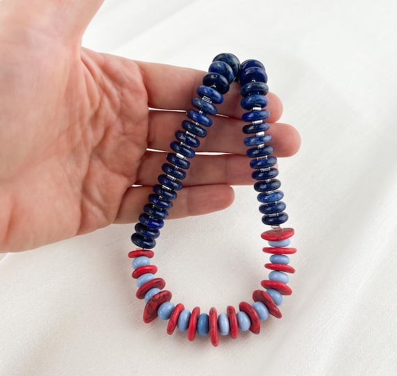 Lapis lazuli, opal and red turquouise gemstone choker