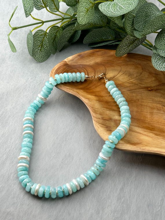 Gemstone Mint Green Necklace Choker  with Amazonite and pearls