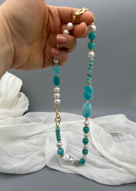 Pearls and amazonite necklace, modern turquoise necklace