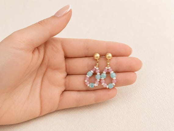 Pink and blue gemstone dangle  earrrings