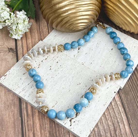 Blue Larimar Quartz Beads and Freshwater Pearl Choker