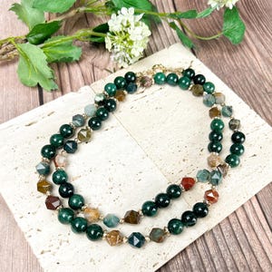 Earthy Beaded Necklace, Green Boho Necklace with Ocean Jasper Bead Long Necklace for Fall, Green Gemstone Multiway Necklace for Women
