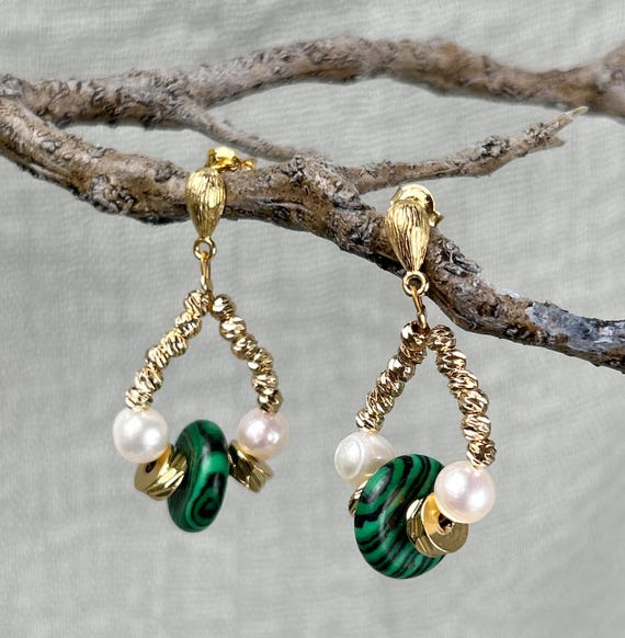 Luxurious Faux Gemstone Malachite Earrings, Deep Green Natural Look Gemstone , Elegant Boho Chic Statement High Fashion Jewelry