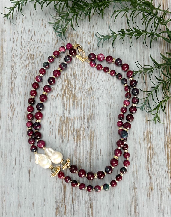 Large Baroque Pearl Necklace with Dark Red Jade