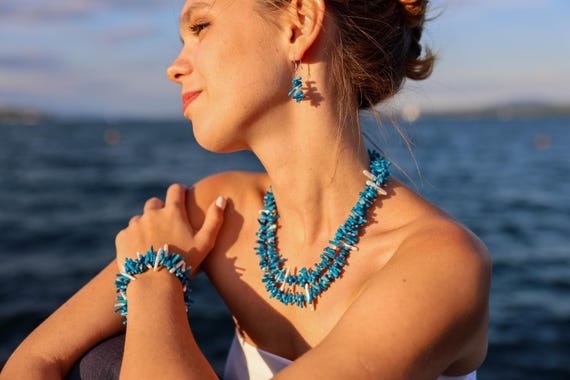Bright Blue Bamboo Coral Necklace with freshwater pearls