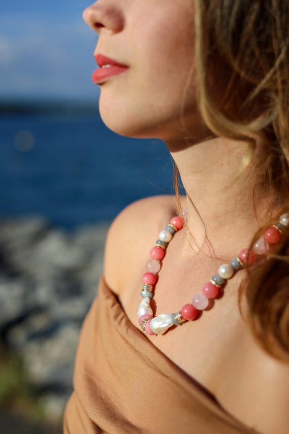 Handmade Pink  Big Baroque Pearl Necklace