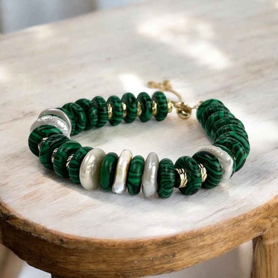 Luxurious Faux Gemstone Malachite Bracelet, Deep Green Natural Look Gemstone - Elegant Boho Chic Statement High Fashion Jewelry
