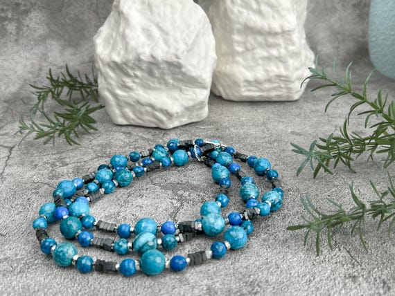 Teal Apatite Bead Necklace with Hematite