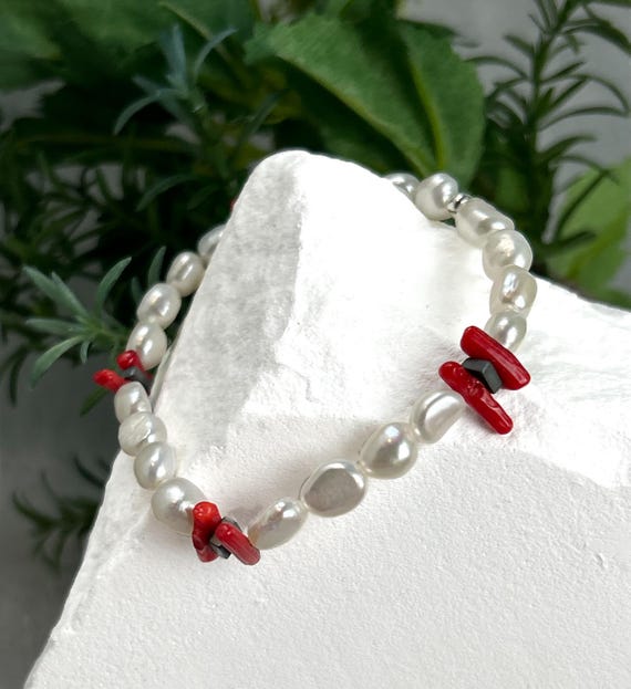 Pearl Statement Bracelet with Natural Red Coral