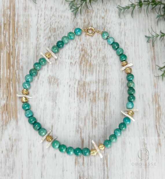 Modern Statement Turquoise green Necklace with Amazonite and Biwa Pearls