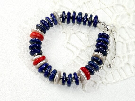 Red white blue gemstone bracelet