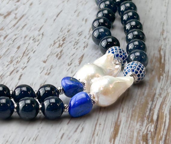 Two strand boho black and blue necklace with gemstones and pearl