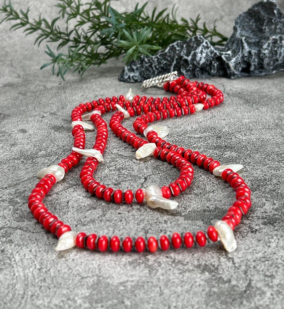 Modern Natural Red Coral and Pearl Statement Necklace