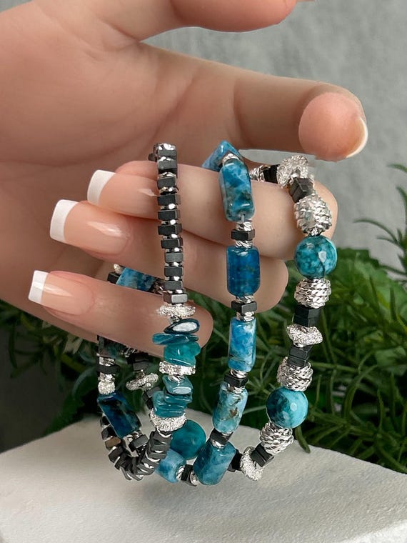 Teal  blue beaded bracelet trio set with apatite and hematite beads,   blue statement bracelets set, boho jewelry