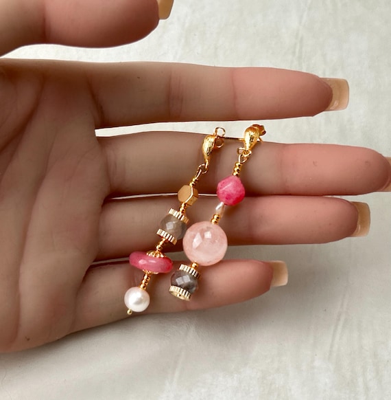 Delicate Pink Boho Dangle Earrings, Bohemian Dainty Earrings, Hippie Chic Jewelry, Assymetric earrings, Gift for Her