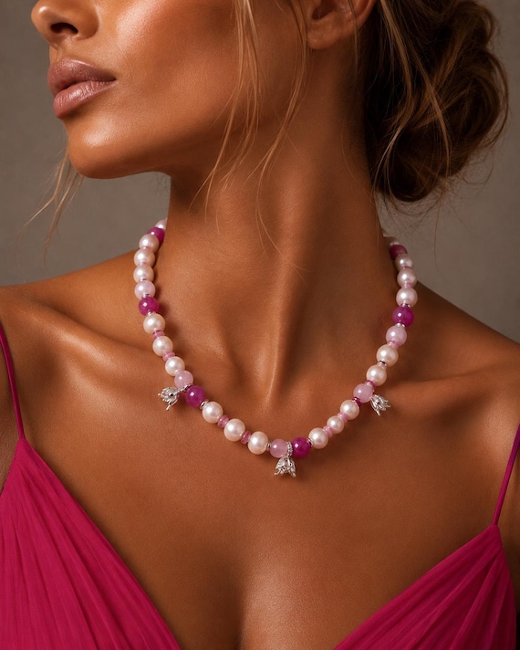 Dainty Pink Boho Layered Necklace with Natural Pearls