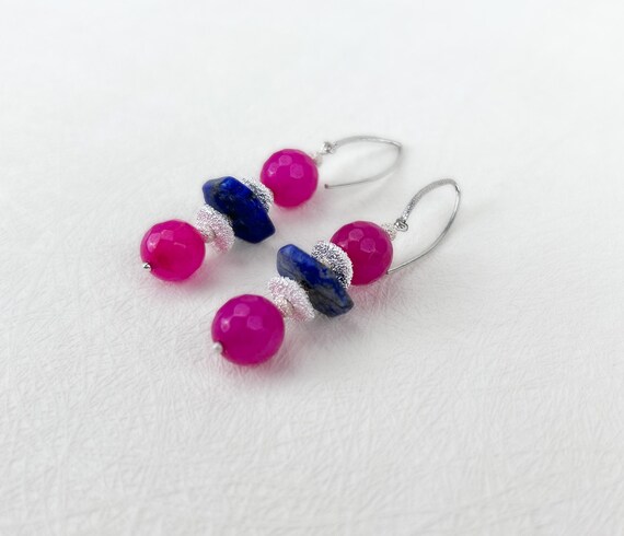 Fuchsia pink and blue stones  earrrings