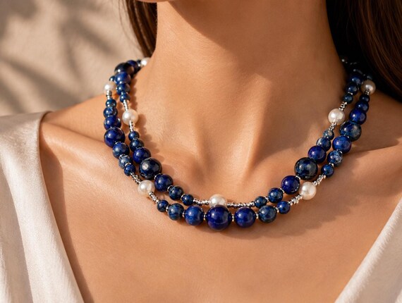 Dark Blue Long Statement Necklace