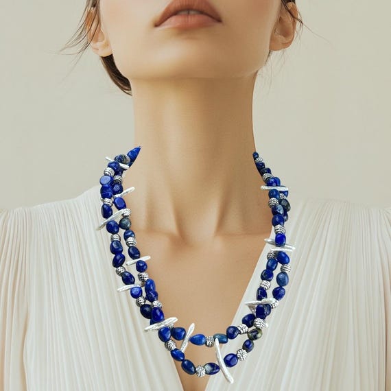 Royal Blue Necklace, Lapis Lazuli Gemstone Necklace, Elegant Beaded Jewelry Luxury Statement Piece, Swiss Artisan Crafted Gift