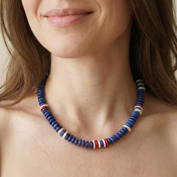 Chunky red and blue choker with pearls and gemstone