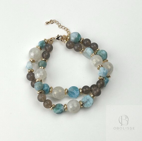 Statement turquoise bracelet made from grey agate, larimar and white moonstone beads