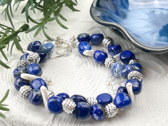 Royal Blue Lapis Lazuli Gemstone Bracelet, Elegant Beaded Jewelry Luxury Statement Piece, Swiss Artisan Crafted Gift