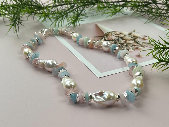 Mixed stones and  Baroque Pearls Necklace in pastel colors