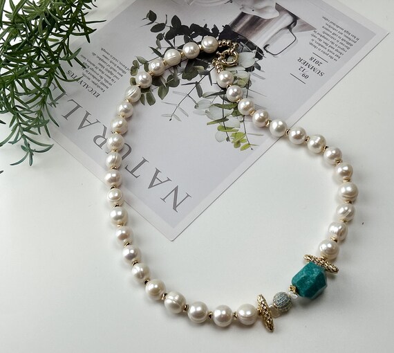 Genuine Amazonite Pearl Necklace, Irregular Calming Gemstone Beaded Choker, Boho Beach Jewelry Unique Gift for Her