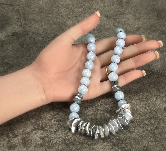 Sophisticated Heishi Grey Pearl Necklace with Light Blue Beads - Luxury Statement Piece for High End Fashion & Elegant Evenings
