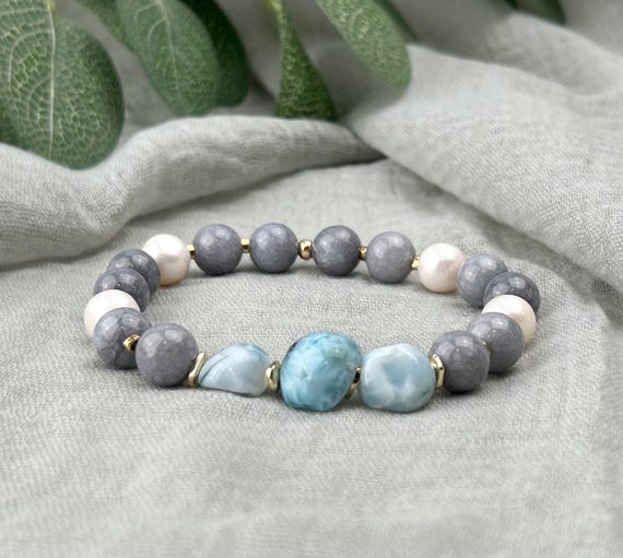Beaded grey bracelet with   natural larimar, agate and pearls beads